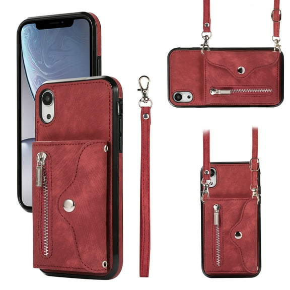 ELEHOLD Crossbody Wallet Case For iPhone XR,with RFID Card Slots Zipper Pocket Kickstand Function Shockproof Purse Case with Detachable Shoulder Strap,Red