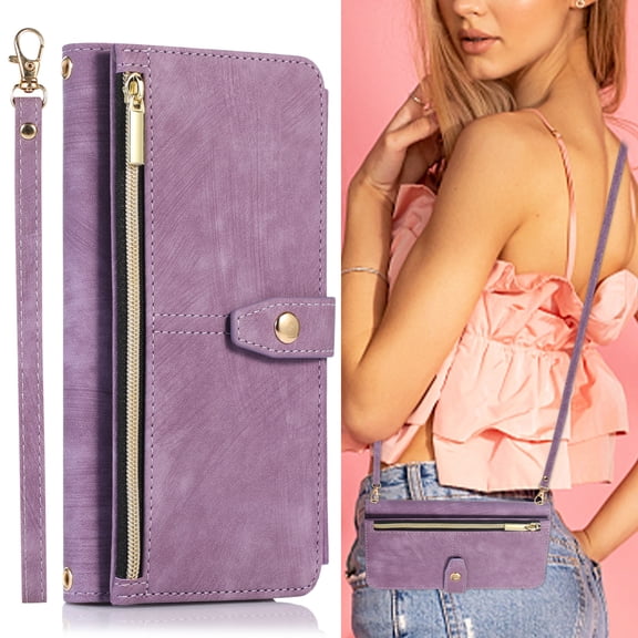 ELEHOLD Crossbody Wallet Case for Google Pixel 6, Zipper Purse Case Card Holder with Kickstand Detachable Wrist Strap Lanyard, PU leather Flip Folio Case,Purple