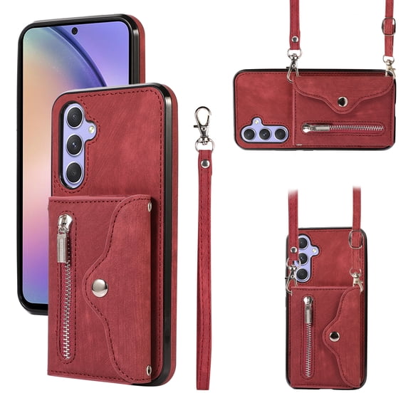 ELEHOLD Crossbody Wallet Case For Samsung Galaxy A12 5G,with RFID Card Slots Zipper Pocket Kickstand Function Shockproof Purse Case with Detachable Shoulder Strap,Red