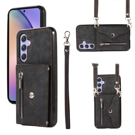 ELEHOLD Crossbody Wallet Case For Samsung Galaxy A12 5G,with RFID Card Slots Zipper Pocket Kickstand Function Shockproof Purse Case with Detachable Shoulder Strap,Black