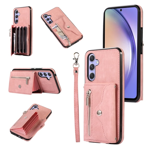 ELEHOLD Crossbody Wallet Case for Samsung Galaxy A14 5G with RFID Card Slots Zipper Pocket Kickstand Function Shockproof Purse Case with Detachable Shoulder Strap,Rosegold