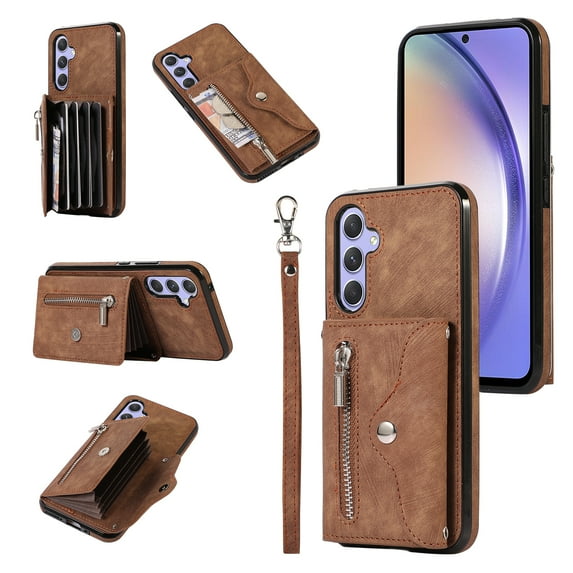 ELEHOLD Crossbody Wallet Case for Samsung Galaxy A14 5G with RFID Card Slots Zipper Pocket Kickstand Function Shockproof Purse Case with Detachable Shoulder Strap,Brown