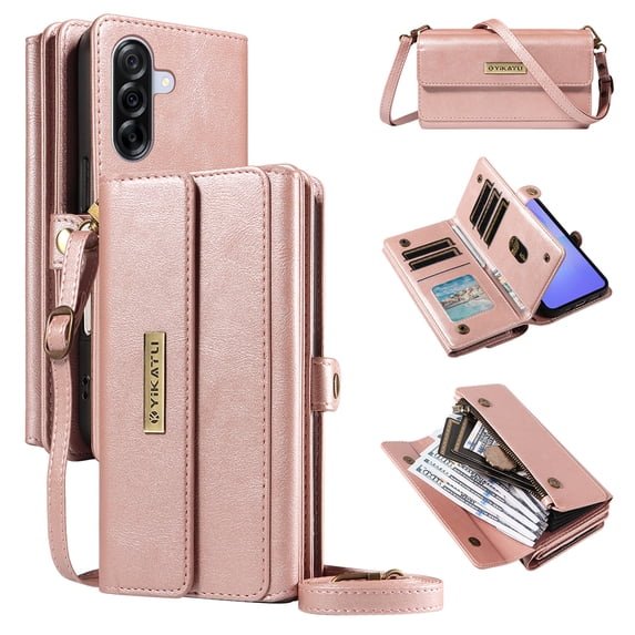 ELEHOLD Crossbody Wallet Case for Samsung Galaxy A17 5G, Shockproof Heavy Duty Luxury PU Leather Flip RFID Blocking Card Slots Shock-Absorbent Protective Cover with Shoulder Strap ,Rosegold