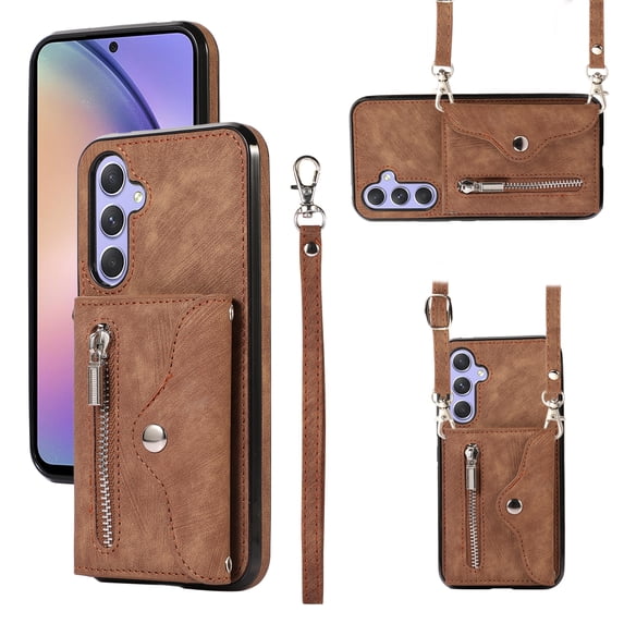 ELEHOLD Crossbody Wallet Case For Samsung Galaxy A34 5G,with RFID Card Slots Zipper Pocket Kickstand Function Shockproof Purse Case with Detachable Shoulder Strap,Brown