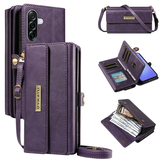 ELEHOLD Crossbody Wallet Case for Samsung Galaxy A36 5G, Shockproof Heavy Duty Luxury PU Leather Flip RFID Blocking Card Slots Shock-Absorbent Protective Cover with Shoulder Strap ,Purple