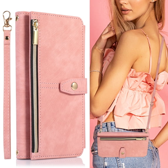 ELEHOLD Crossbody Wallet Case for Samsung Galaxy A50, Zipper Purse Case Card Holder with Kickstand Detachable Wrist Strap Lanyard, PU leather Flip Folio Case,Pink