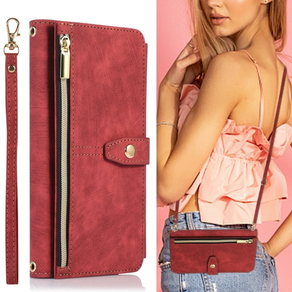 ELEHOLD Crossbody Wallet Case for Samsung Galaxy A50, Zipper Purse Case Card Holder with Kickstand Detachable Wrist Strap Lanyard, PU leather Flip Folio Case,Red