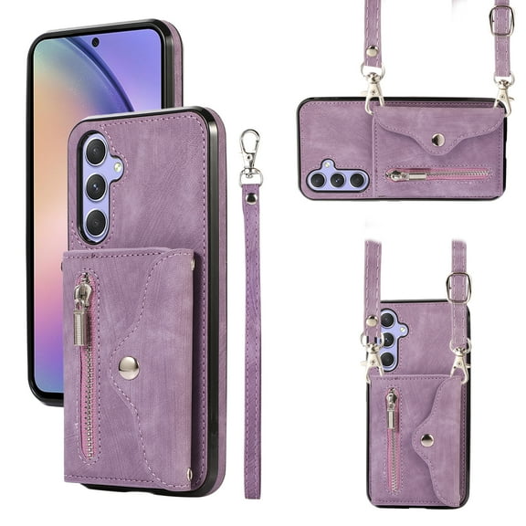 ELEHOLD Crossbody Wallet Case For Samsung Galaxy A52,with RFID Card Slots Zipper Pocket Kickstand Function Shockproof Purse Case with Detachable Shoulder Strap,Purple