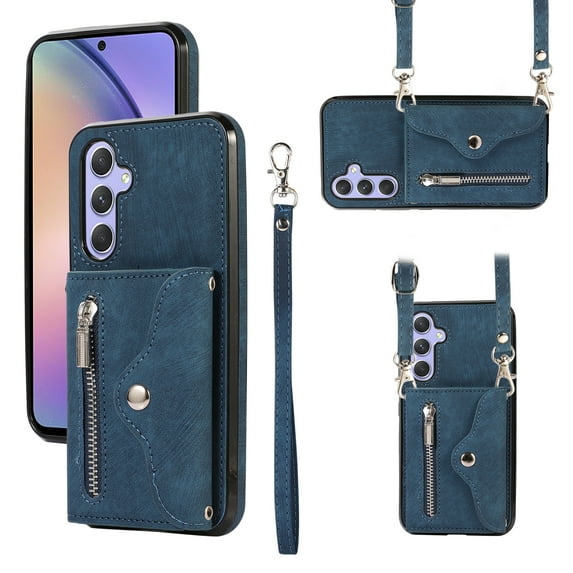 ELEHOLD Crossbody Wallet Case For Samsung Galaxy A52,with RFID Card Slots Zipper Pocket Kickstand Function Shockproof Purse Case with Detachable Shoulder Strap,Blue