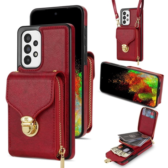 ELEHOLD Crossbody Wallet Case for Samsung Galaxy A53 5G,Premium Leather Case with Card Holders Zipper Pocket Metal Snap Stand Function Detachable Shoulder Strap Luxury Case for Women,Red
