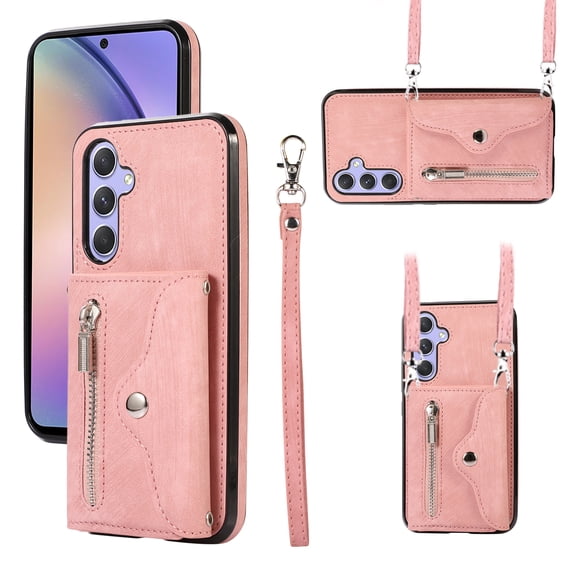 ELEHOLD Crossbody Wallet Case For Samsung Galaxy A53 5G,with RFID Card Slots Zipper Pocket Kickstand Function Shockproof Purse Case with Detachable Shoulder Strap,Red