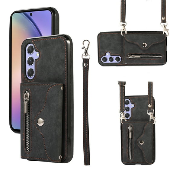 ELEHOLD Crossbody Wallet Case For Samsung Galaxy A71 5G,with RFID Card Slots Zipper Pocket Kickstand Function Shockproof Purse Case with Detachable Shoulder Strap,Black