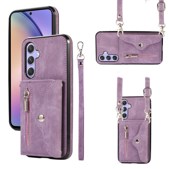 ELEHOLD Crossbody Wallet Case For Samsung Galaxy Note 10+,with RFID Card Slots Zipper Pocket Kickstand Function Shockproof Purse Case with Detachable Shoulder Strap,Purple