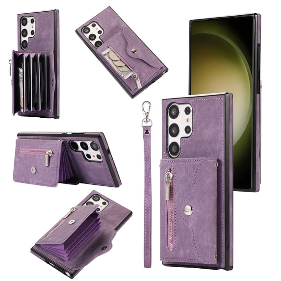 ELEHOLD Crossbody Wallet Case For Samsung Galaxy Note 20 Ultra,with RFID Card Slots Zipper Pocket Kickstand Function Shockproof Purse Case with Detachable Shoulder Strap,Purple