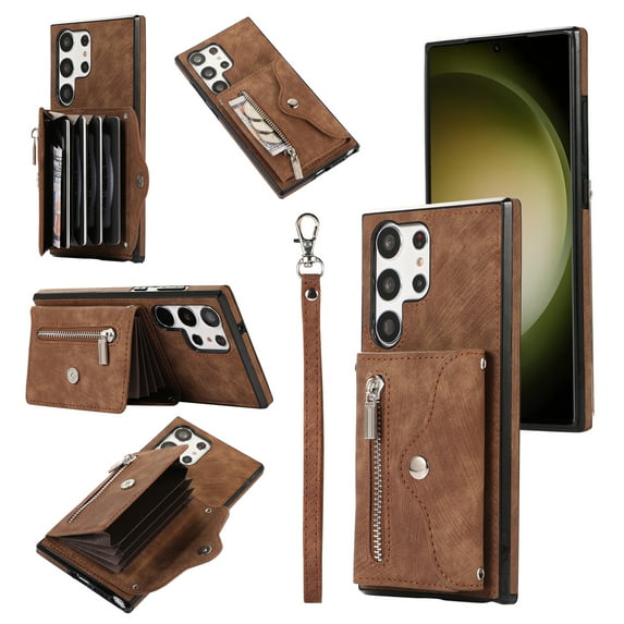ELEHOLD Crossbody Wallet Case For Samsung Galaxy Note 20,with RFID Card Slots Zipper Pocket Kickstand Function Shockproof Purse Case with Detachable Shoulder Strap,Brown