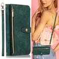 thumbnail image 1 of ELEHOLD Crossbody Wallet Case for Samsung Galaxy S20 FE, Zipper Purse Case Card Holder with Kickstand Detachable Wrist Strap Lanyard, PU leather Flip Folio Case,Green, 1 of 6
