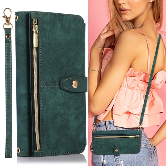 ELEHOLD Crossbody Wallet Case for Samsung Galaxy S20 FE, Zipper Purse Case Card Holder with Kickstand Detachable Wrist Strap Lanyard, PU leather Flip Folio Case,Green