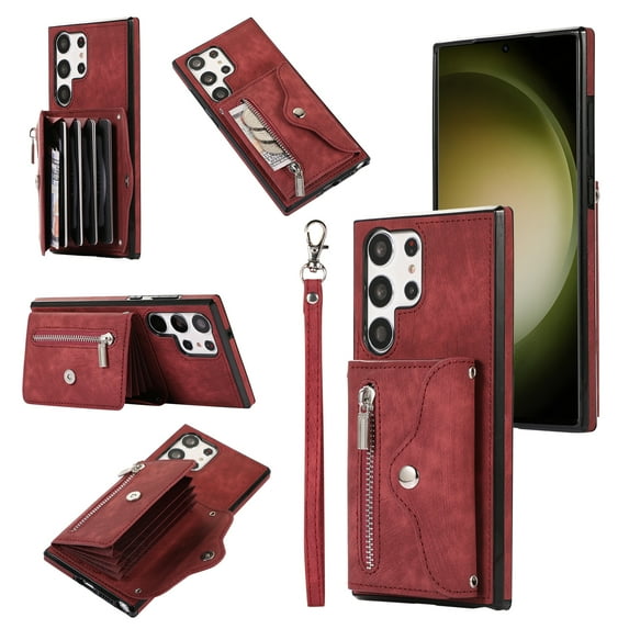 ELEHOLD Crossbody Wallet Case For Samsung Galaxy S20,with RFID Card Slots Zipper Pocket Kickstand Function Shockproof Purse Case with Detachable Shoulder Strap,Red