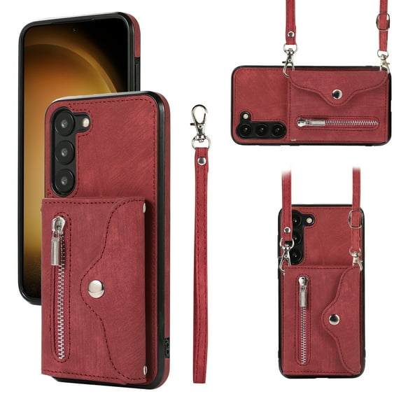 ELEHOLD Crossbody Wallet Case For Samsung Galaxy S21 FE,with RFID Card Slots Zipper Pocket Kickstand Function Shockproof Purse Case with Detachable Shoulder Strap,Red