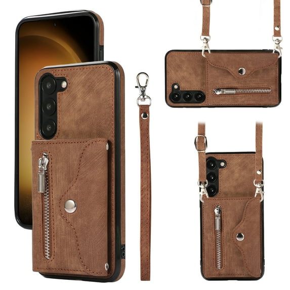 ELEHOLD Crossbody Wallet Case For Samsung Galaxy S21 FE,with RFID Card Slots Zipper Pocket Kickstand Function Shockproof Purse Case with Detachable Shoulder Strap,Brown