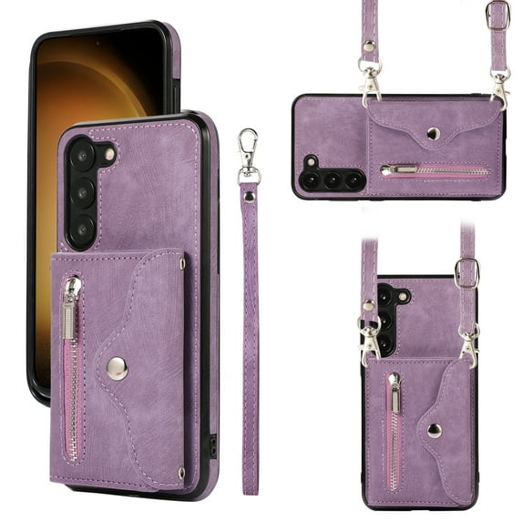 ELEHOLD Crossbody Wallet Case For Samsung Galaxy S22 Plus,with RFID Card Slots Zipper Pocket Kickstand Function Shockproof Purse Case with Detachable Shoulder Strap,Purple