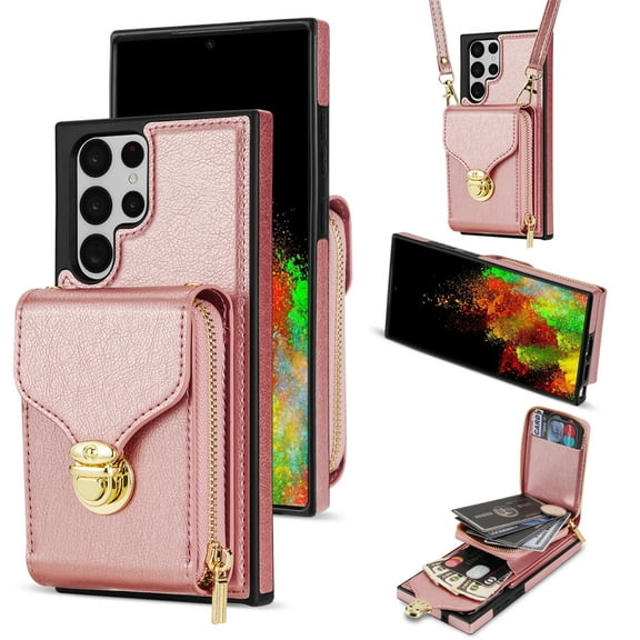ELEHOLD Crossbody Wallet Case for Samsung Galaxy S22 Ultra,Premium Leather Case with Card Holders Zipper Pocket Metal Snap Stand Function Detachable Shoulder Strap Luxury Case for Women,Rosegold