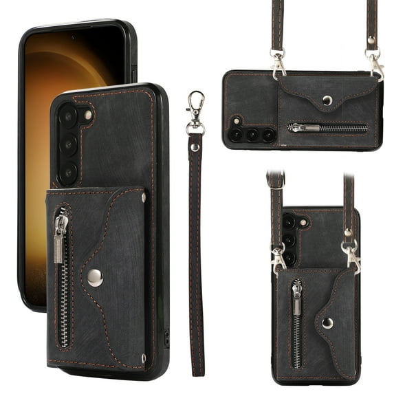 ELEHOLD Crossbody Wallet Case For Samsung Galaxy S22,with RFID Card Slots Zipper Pocket Kickstand Function Shockproof Purse Case with Detachable Shoulder Strap,Black
