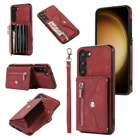 ELEHOLD Crossbody Wallet Case for Samsung Galaxy S23 Plus 6.6" with RFID Card Slots Zipper Pocket Kickstand Function Shockproof Purse Case with Detachable Shoulder Strap,Red