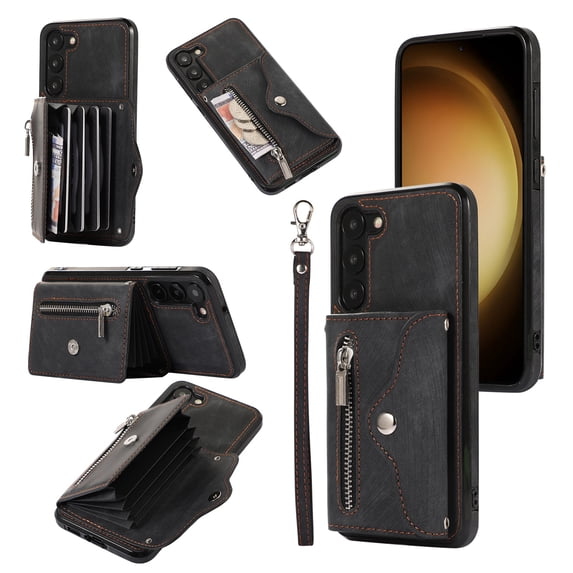 ELEHOLD Crossbody Wallet Case for Samsung Galaxy S23 Plus 6.6" with RFID Card Slots Zipper Pocket Kickstand Function Shockproof Purse Case with Detachable Shoulder Strap,Black