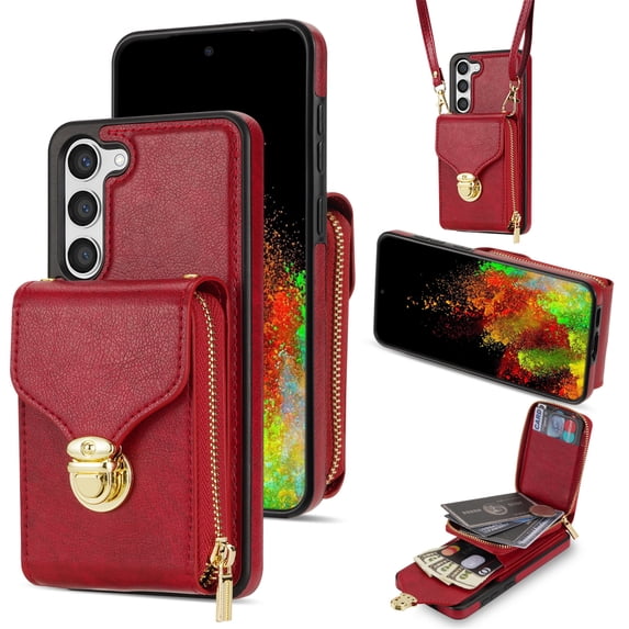 ELEHOLD Crossbody Wallet Case for Samsung Galaxy S23 Plus,Premium Leather Case with Card Holders Zipper Pocket Metal Snap Stand Function Detachable Shoulder Strap Luxury Case for Women,Red