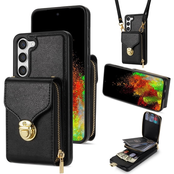 ELEHOLD Crossbody Wallet Case for Samsung Galaxy S23 Plus,Premium Leather Case with Card Holders Zipper Pocket Metal Snap Stand Function Detachable Shoulder Strap Luxury Case for Women,Black