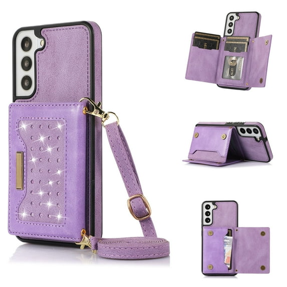 ELEHOLD Crossbody Wallet Case for Samsung Galaxy S23, RFID Blocking Card Holders Bling Diamond Sparkle Design Detachable Shoulder Strap for Girls Women Purse Case,Purple