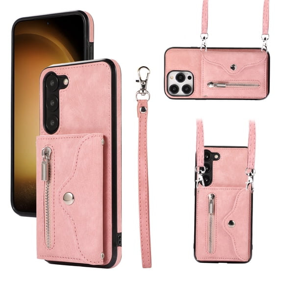 ELEHOLD Crossbody Wallet Case For Samsung Galaxy S23,with RFID Card Slots Zipper Pocket Kickstand Function Shockproof Purse Case with Detachable Shoulder Strap,Rosegold