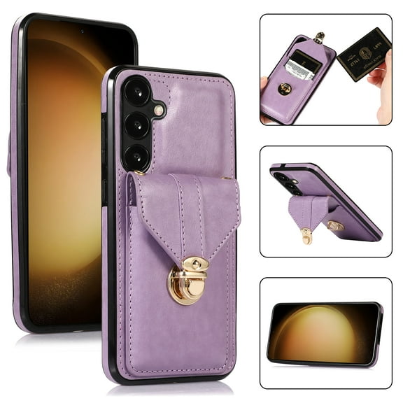 ELEHOLD Crossbody Wallet Case for Samsung Galaxy S24,Back Credit Card Holder Metal Snap Luxury Purse Case with Shoulder Strap for Women Girls for Samsung Galaxy S24,Purple