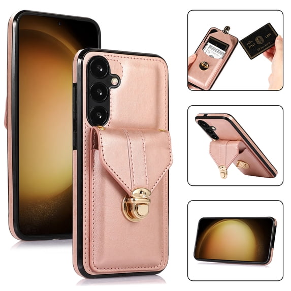 ELEHOLD Crossbody Wallet Case for Samsung Galaxy S24 Plus,Back Credit Card Holder Metal Snap Luxury Purse Case with Shoulder Strap for Women Girls for Samsung Galaxy S24 Plus,Rosegold