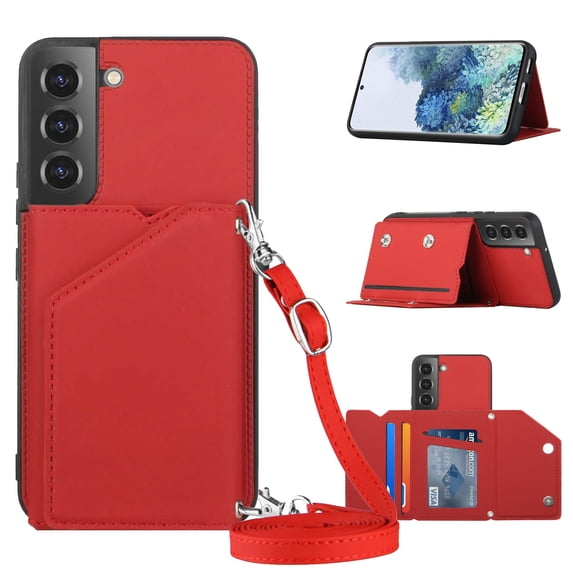 ELEHOLD Crossbody Wallet Case for Samsung Galaxy S24 Plus,Flip Back Card Slots Kickstand PU Leather Shockproof Purse Case with Adjustable Crossbody Shoulder Strap,Red