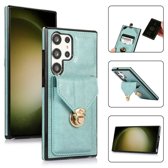 ELEHOLD Crossbody Wallet Case for Samsung Galaxy S24 Ultra,Back Credit Card Holder Metal Snap Luxury Purse Case with Shoulder Strap for Women Girls for Samsung Galaxy S24 Ultra,Green