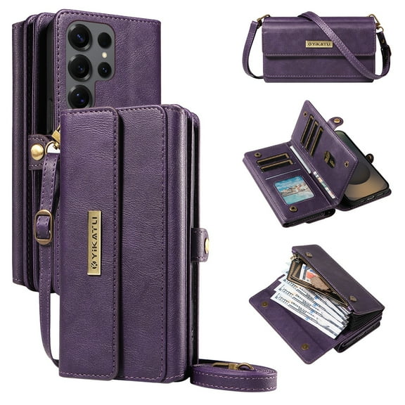ELEHOLD Crossbody Wallet Case for Samsung Galaxy S25 Edge, Shockproof Heavy Duty Luxury PU Leather Flip RFID Blocking Card Slots Shock-Absorbent Protective Cover with Shoulder Strap ,Purple
