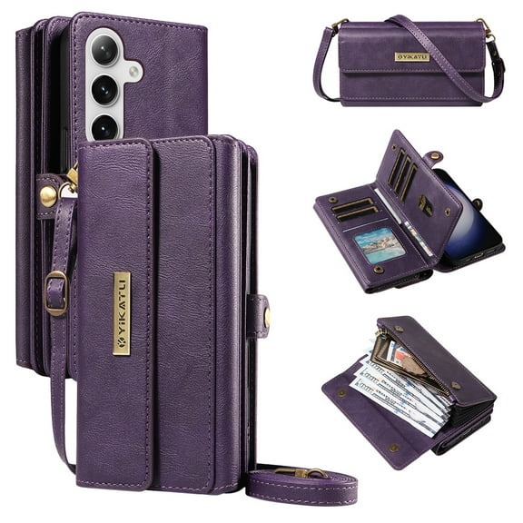 ELEHOLD Crossbody Wallet Case for Samsung Galaxy S25 FE, Shockproof Heavy Duty Luxury PU Leather Flip RFID Blocking Card Slots Shock-Absorbent Protective Cover with Shoulder Strap ,Purple