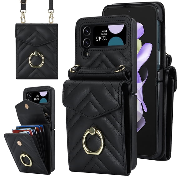 ELEHOLD Crossbody Wallet Case for Samsung Galaxy Z Flip 3,Premium Leather Case with Organ Card Slots Metal Ring Holder Detachable Shoulder Strap Luxury Purse Case for Women,Black