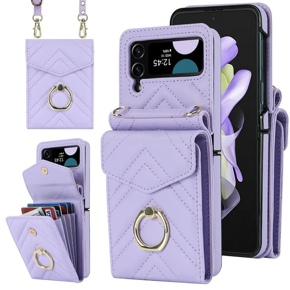 ELEHOLD Crossbody Wallet Case for Samsung Galaxy Z Flip 3,Premium Leather Case with Organ Card Slots Metal Ring Holder Detachable Shoulder Strap Luxury Purse Case for Women,Purple