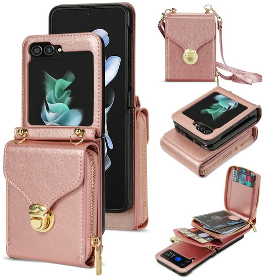 ELEHOLD Crossbody Wallet Case for Samsung Galaxy Z Flip 5,Premium Leather Case with Card Holders Zipper Pocket Metal Snap Detachable Shoulder Strap Luxury Full Body Protection Case for Women,Rosegold