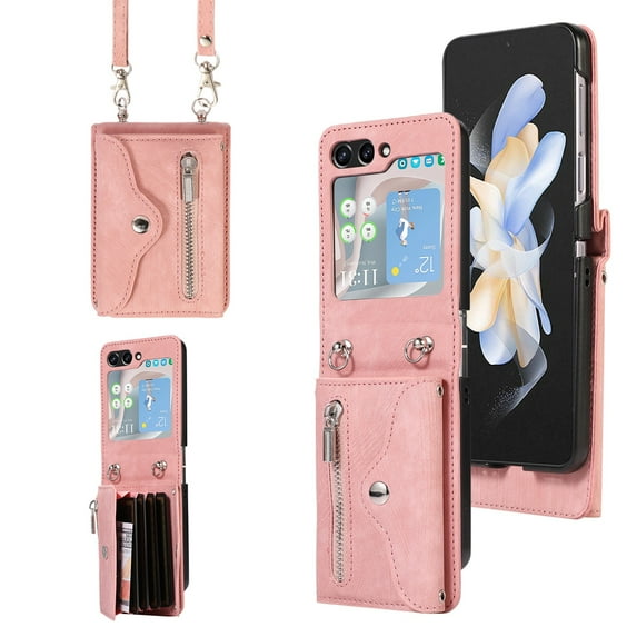 ELEHOLD Crossbody Wallet Case for Samsung Galaxy Z Flip 5 with RFID Card Slots Zipper Pocket Kickstand Function Shockproof Purse Case with Detachable Shoulder Strap for Samsung Z Flip 5, Rosegold