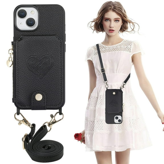 ELEHOLD Crossbody Wallet Case for iPhone 11 with Card Holder, Zipper Card Slot Shockproof Purse Cover with Removable Lanyard 6.1 Inch,Black