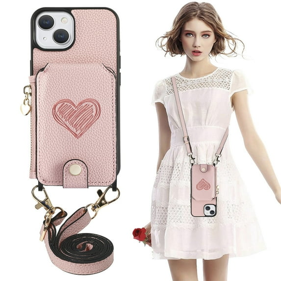 ELEHOLD Crossbody Wallet Case for iPhone 13 with Card Holder, Zipper Card Slot Shockproof Purse Cover with Removable Lanyard 6.1 Inch,Pink