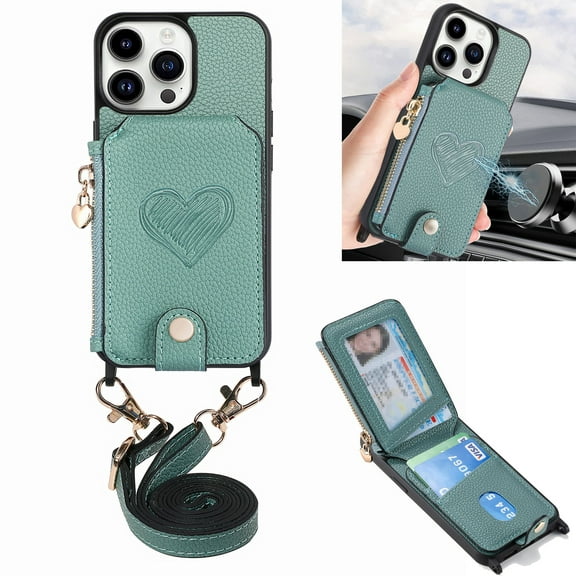 ELEHOLD Crossbody Wallet Case for iPhone 14 Pro Max with Card Holder, Zipper Card Slot Shockproof Purse Cover with Removable Lanyard 6.7 Inch,Green