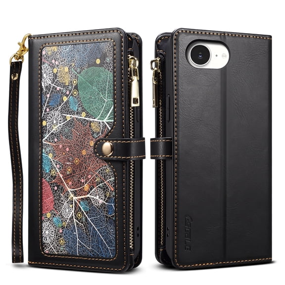 ELEHOLD Crossbody Wallet Case for iPhone 16e/17e, RFID Blocking Shockproof PU Leather Zipper Cover with Kickstand, Black