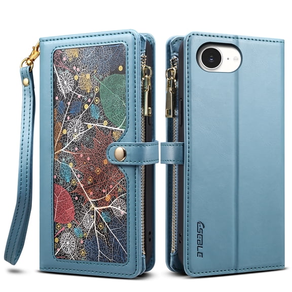 ELEHOLD Crossbody Wallet Case for iPhone 16e/17e, RFID Blocking Shockproof PU Leather Zipper Cover with Kickstand, Blue