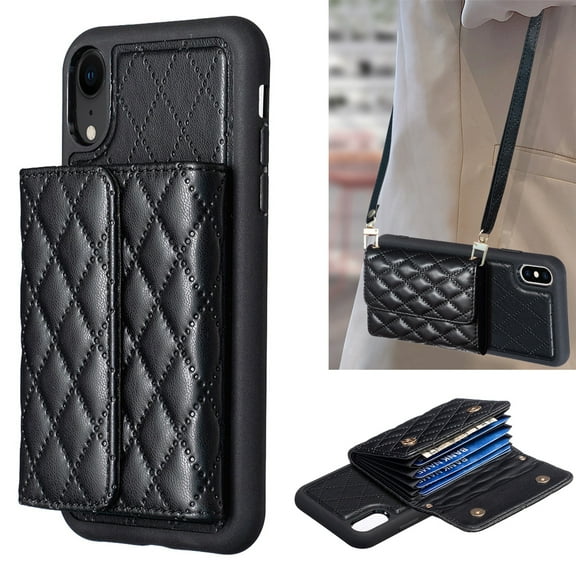 ELEHOLD Crossbody Wallet Case for iPhone XR, Soft PU Leather Card Holder Magnetic Flip Folio Purse Case with Lanyard 6.1 Inch,Black