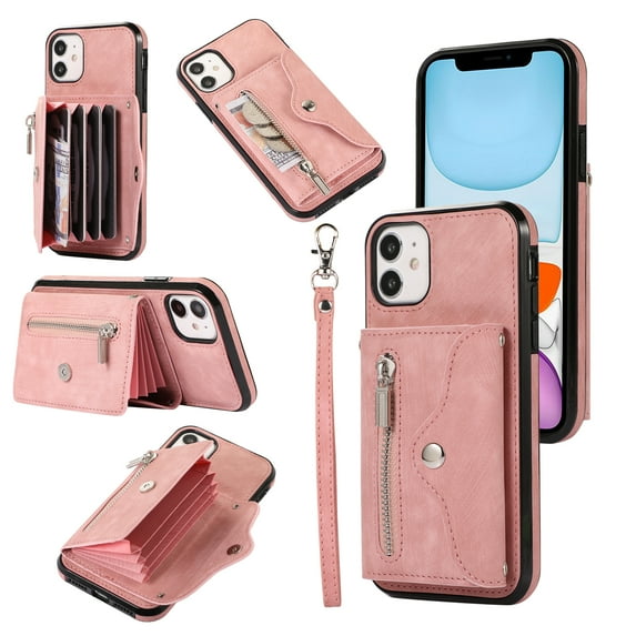 ELEHOLD Crossbody Wallet Case for iPhone 11 6.1" with RFID Card Slots Zipper Pocket Kickstand Function Shockproof Purse Case with Detachable Shoulder Strap for iPhone 11,Rosegold